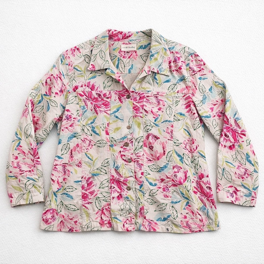 Boho Floral Beaded Button Front Jacket Shirt Lightweight Linen‎ Blend Women's L